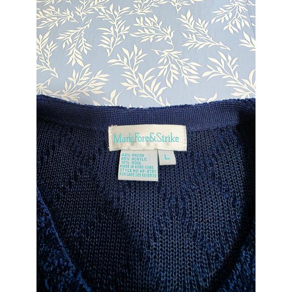 Vintage Mark Fore & Strike Sz L Navy Blue Wool Blend Cardigan Sweater 90s Retro - Picture 10 of 10